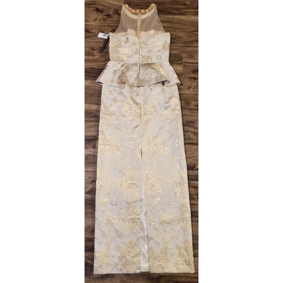 $628 David Meister Women Size 6 Sleeveless Illusion Peplum Gown Dress Gold Cream - Picture 7 of 9